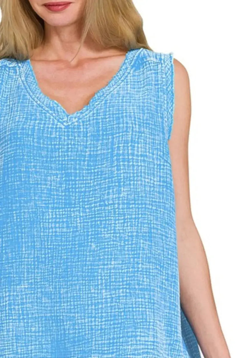 Zenana Double Gauze Raw Edge Acid Washed Tank Top - Love Salve